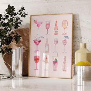 Retro Watercolor Champagne Cocktail Poster-Aesthetic Girly Bar Cart Art-Preppy Pink Posters-Wine Bottle Cute Girly Poster Champagne Wall Art
