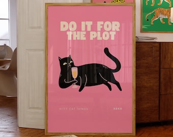 Impresión de moda, hazlo para la trama, decoración de arte de pared de gato negro, póster de gato divertido, carteles de champán, arte de carrito de bar, regalo para amantes de los gatos, impresión de champán de gato