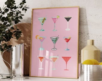 Aesthetic Retro Martini Poster-Preppy Girly Bar Cart Art-Preppy Posters-Trendy Wall Art-Cocktails Art-Bar Cart Art-Vintage Liquor Poster Art
