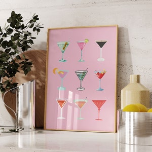 Aesthetic Retro Martini Poster-Preppy Girly Bar Cart Art-Preppy Posters-Trendy Wall Art-Cocktails Art-Bar Cart Art-Vintage Liquor Poster Art