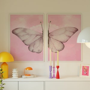 Aesthetic Pink Watercolor Butterfly Wall Art Set of 2 Print-Trendy Girly Split Butterfly Wall Art-Preppy Pink Poster-Cute Nursery Wall Decor