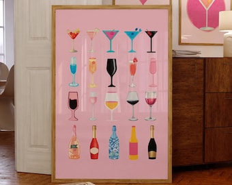 Retro Champagne Poster, Aesthetic Girly Bar Cart Art, Preppy Pink Posters Champagne Posters Wine Bottle Cute Girly Poster Champagne Wall Art