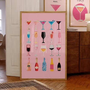 Retro Champagne Poster, Aesthetic Girly Bar Cart Art, Preppy Pink Posters Champagne Posters Wine Bottle Cute Girly Poster Champagne Wall Art