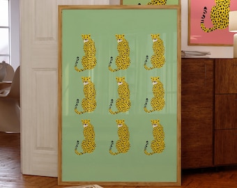 Retro Cheetah Print-Green Leopard Art Print-Jungle Poster-Minimal Cheetah Art-Animal Artwork-Boho Home Decor-Preppy Animal Poster-Digital