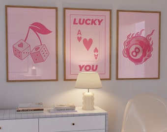 Lucky You Print Set of 3-Pink Lucky You Wall Art-Preppy Pink Posters-Cute Girly Poster-Trendy Retro Poster Set-Trendy Poster-Lucky You Print