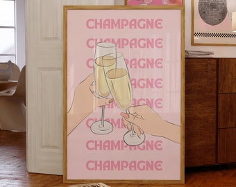 Retro Champagne Poster-Aesthetic Girly Bar Cart Art-Preppy Pink Posters-Champagne Posters-Champagne Art Print-Trendy 70s Art Print-Girly Art