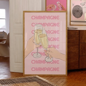 Retro Champagne Poster-Aesthetic Girly Bar Cart Art-Preppy Pink Posters-Champagne Posters-Champagne Art Print-Trendy 70s Art Print-Girly Art