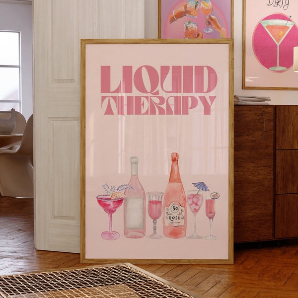 Liquid Therapy Print-Retro Champagne Cocktail Poster-Girly Bar Cart Art-Preppy Pink Posters-Wine Bottle Cute Girly Poster Champagne Wall Art