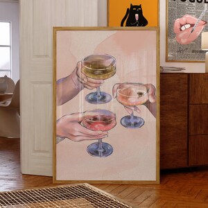 Retro Aquarell Champagner Cocktail Poster-Cheers Art Poster-Ästhetische Girly Bar Warenkorb Art-Preppy Poster-Cute Girly Poster-Champagne Wandkunst