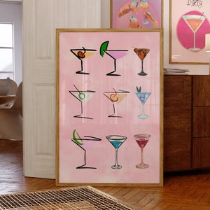 Retro acuarela Martini cartel-Preppy Girly Bar Cart Art-Preppy Pink Posters-Trendy Wall Art-Cócteles Arte-Bar Carro Arte-Licor Arte de pared