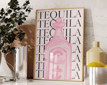 Retro Pink Tequila Poster-Aesthetic Girly Bar Cart Art-Preppy Pink Posters-Trendy Wall Art-Cocktails Art-Bar Cart Art-Bright Prints-Wall Art