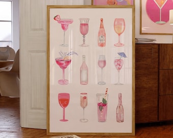 Retro Watercolor Champagne Cocktail Poster-Aesthetic Girly Bar Cart Art-Preppy Pink Posters-Wine Bottle Cute Girly Poster Champagne Wall Art