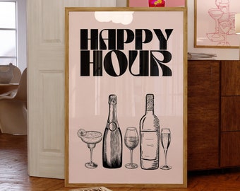 Retro Champagne Posters-Cocktail Wall Art Print-Girly Bar Cart Art-Preppy Posters-Wine Bottle Cute Girly Poster Champagne Wall Art-Bar Art
