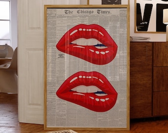 Lips Poster-70s Art Print-Newspaper Poster-Red Wall Art-Trippy Wall Art-Summer House Poster-Trendy Wall Art-Preppy Poster-Funky Wall Art