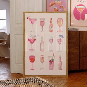 Póster de cóctel de champán con acuarela retro, arte estético de carrito de bar femenino, pósteres preppy de color rosa, póster lindo de botella de vino con champán, arte de pared