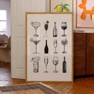 Retro Champagne Cocktail Poster Drawing Print-Aesthetic Girly Bar Cart Art-Preppy Posters-Wine Bottle Cute Girly Poster Champagne Wall Art