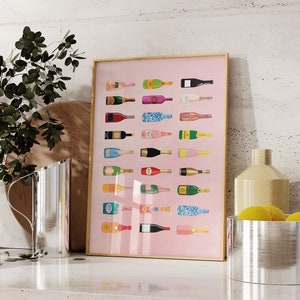 Retro Champagne Poster, Aesthetic Girly Bar Cart Art, Preppy Pink Posters Champagne Posters Wine Bottle Cute Girly Poster Champagne Wall Art