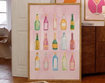 Retro Watercolor Champagne Poster-Aesthetic Girly Bar Cart Art-Preppy Pink Posters-Champagne Posters-Wine Bottle Cute Girly Poster-Bar Art