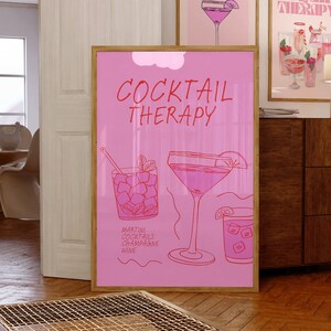 Retro Cocktail Therapy Poster-Aesthetic Girly Bar Cart Art-Preppy Pink Posters-Wine Bottle Cute Girly Poster Champagne Wall Art-Martini Art