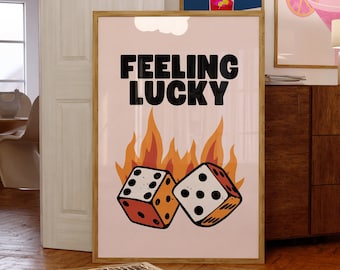 Feeling Lucky Funky Art Print-Apartment Decor-Lucky Girl Syndrome-Retro Art Print-Y2k Aesthetic Room Decor-Trendy Wall Art-Bar Cart Wall Art