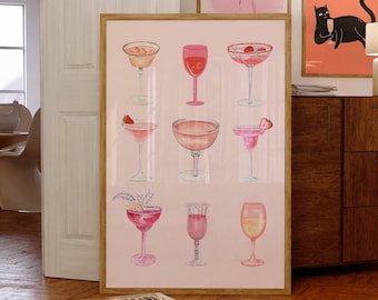Champagne Glasses Poster-Retro Watercolor Champagne Cocktail Poster-Aesthetic Girly Bar Cart Art-Preppy Pink Posters-Girly Poster-Wall Decor