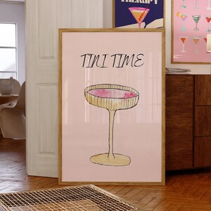 Retro Watercolor Martini Time Bar Art Print Minimalist Cocktail Poster-Girly Bar Cart Art-Preppy Pink Poster-Martini Cocktail Print-Wall Art
