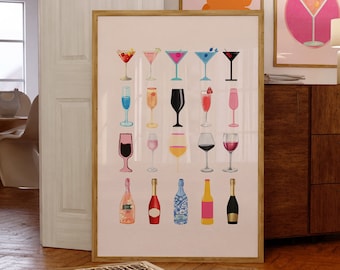 Retro Champagne Poster, Aesthetic Girly Bar Cart Art, Preppy Drinks Poster Champagne Poster Wine Bottle Cute Girly Poster Champagne Wall Art