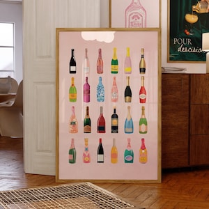 Retro Champagne Poster, Aesthetic Girly Bar Cart Art, Preppy Pink Posters Champagne Posters Wine Bottle Cute Girly Poster Champagne Wall Art