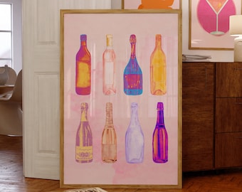 Retro Watercolor Champagne Poster-Aesthetic Girly Bar Cart Art-Preppy Pink Posters-Champagne Posters-Wine Bottle Cute Girly Poster-Bar Art