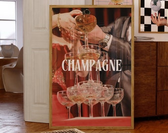 Retro Champagne Tower Poster-Aesthetic Girly Bar Cart Art-Preppy Posters-Champagne Posters-Wine Bottle Cute Girly Poster-Champagne Wall Art