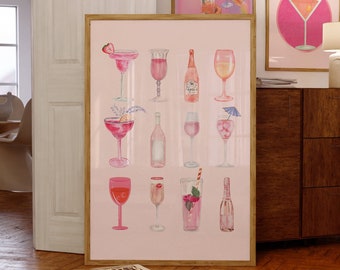 Retro Watercolor Champagne Cocktail Poster-Aesthetic Girly Bar Cart Art-Preppy Pink Posters-Wine Bottle Cute Girly Poster Champagne Wall Art