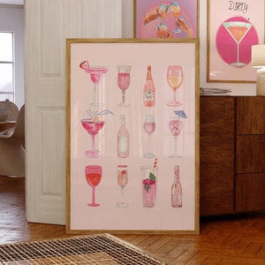 Retro Watercolor Champagne Cocktail Poster-Aesthetic Girly Bar Cart Art-Preppy Pink Posters-Wine Bottle Cute Girly Poster Champagne Wall Art