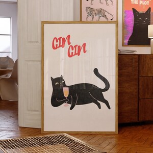Trendy Cin Cin Bar Cart Art Print-Black Cat Wall Art Decor-Funny Cat Poster-Champagne Poster-Bar Cart Art-Cat Lover Gift-Cat Champagne Print