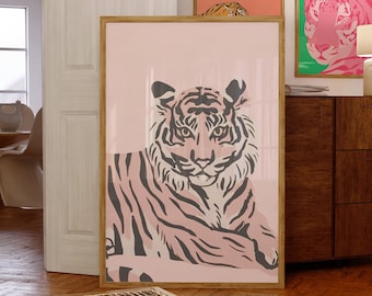 Tiger Wall Art Print-Pink Girly Art-Retro Tiger Wall Prints-Preppy Aesthetic Room Decor-Maximalist Wall Art-Tiger Poster-Animal Wall Decor