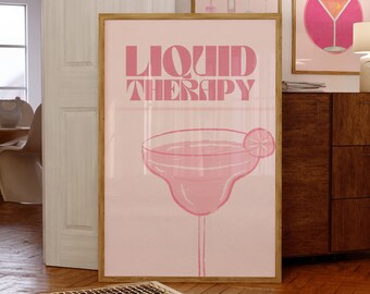Martini Wall Print-Vintage Liquor Poster-Girly Bar Cart Art-Preppy Pink Posters-Retro Wall Decor-Liquid Therapy Wall Print-Alcohol Print