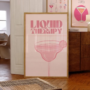 Martini Wall Print-Vintage Liquor Poster-Girly Bar Cart Art-Preppy Pink Posters-Retro Wall Decor-Liquid Therapy Wall Print-Alcohol Print
