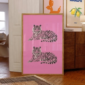 Impresión de arte del tigre rosa estético-Impresiones de arte de moda-Decoración del dormitorio-Impresión funky-Impresión de arte animal-Cartel mínimo- Lindos carteles rosas de moda femeninos