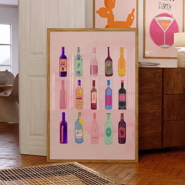 Retro Watercolor Wine Poster-Aesthetic Girly Bar Cart Art-Preppy Pink Posters-Champagne Poster-Preppy Wine Bottle Cute Girly Print-Wine Art