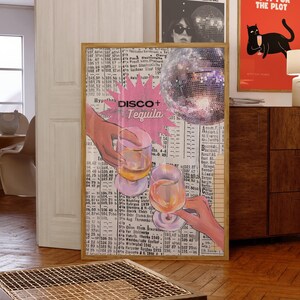 Retro Disco And Tequila Poster-Bar Cart Art-Newspaper Print-Trendy Wall Art-Maximalist Poster-Retro Print-Preppy Posters-Dorm Room Decor