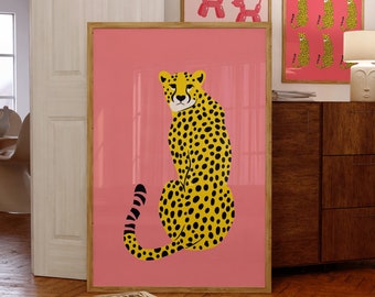 Retro Cheetah Print-Pink Leopard Art Print-Jungle Poster-Minimal Cheetah Art-Animal Artwork-Boho Home Decor-Preppy Animal Poster-Digitaal