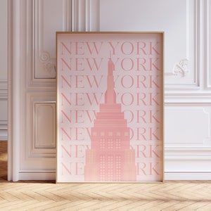 Impresión de viajes de la ciudad de Nueva York-Lindo arte de pared de moda-Exposición de viajes rosa de Nueva York Impresión-Descarga de arte digital-Cartel preppy de Nueva York-Arte de Nueva York de moda
