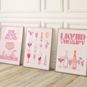 Conjunto de 3 carteles retro de cócteles de champán en acuarela-Carrito de bar femenino estético-Carteles rosas de muy buen gusto-Botella de vino Lindo cartel femenino Arte de bar