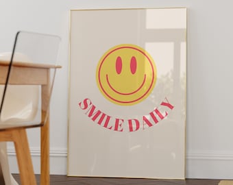 Arte sonriente retro-Carteles de positividad-Sonrisa diaria-Impresión de arte de pared-Cartel mínimo-Carteles de positividad-Impresión de arte sonriente-Arte de pared imprimible digital