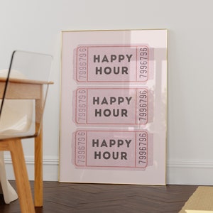 Trendy Happy Hour stampa-Preppy Pink Posters-Trendy Wall Art-Retro Print-Bar Cart Art-Retro Ticket Stub-Carina estetica Girly Bar Carrello Stampa