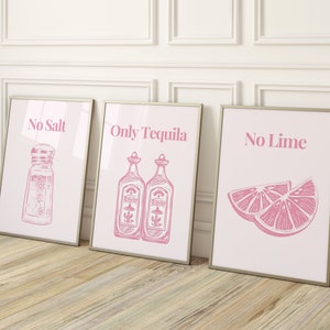 Set van 3 Retro Tequila Poster-esthetische Girly Bar Cart Art-Preppy Pink Posters-Trendy Wall Art-Cocktails Art-Bar Cart Art-Drinks Wall Decor