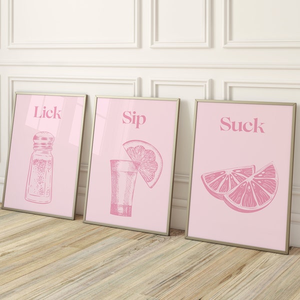 Set Of 3 Retro Pink Tequila Poster-Aesthetic Girly Bar Cart Art-Preppy Pink Posters-Trendy Wall Art-Cocktails Art-Bar Cart Art-Bright Prints