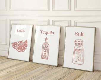 Set Of 3 Retro Tequila Poster-Aesthetic Girly Bar Cart Art-Preppy Posters-Trendy Wall Art-Cocktails Art-Bar Cart Art-Drinks Wall Decor