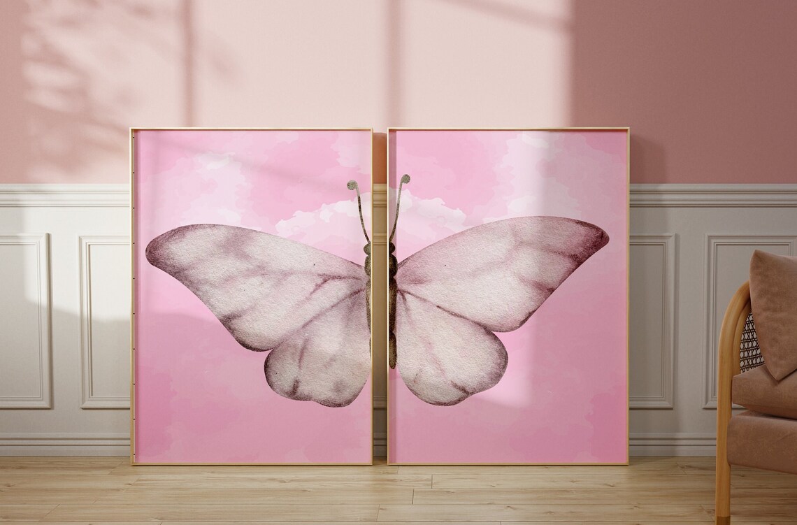 Aesthetic Pink Watercolor Butterfly Wall Art Set of 2 - Etsy