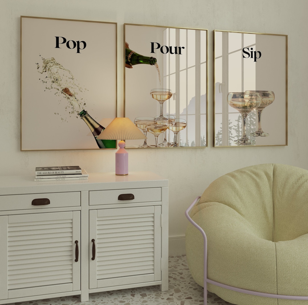 Set of 3 Retro Champagne Poster-aesthetic Girly Bar Cart Art-preppy ...