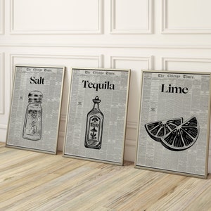 Zestaw 3 plakatów retro z tequilą - estetyczna dziewczęca sztuka na wózku barowym - plakaty Preppy - modna sztuka ścienna - sztuka koktajlowa - sztuka na wózku barowym - dekoracja ścienna z napojami - sól